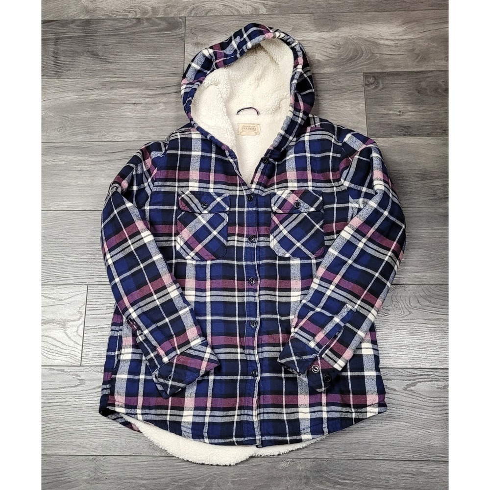 Boston Traders Women's Sherpa Lined Hooded Flannel Blue/Purple Plaid Size S